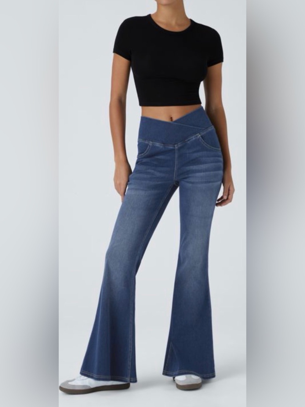 Halara Flex™ High Waisted Crossover Pocket Washed Casual Flare Jeans dk blue